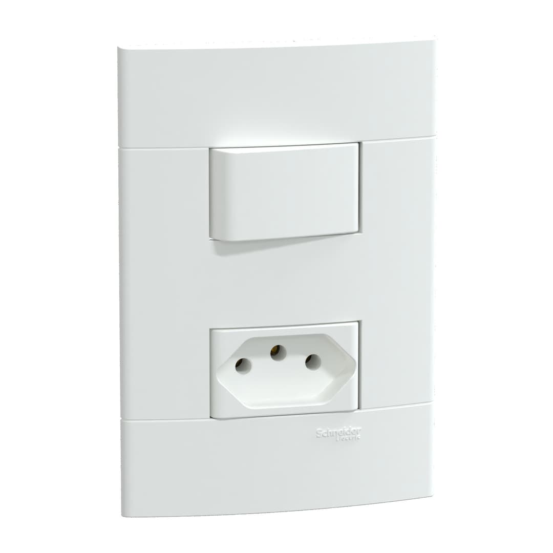 Conjunto 1 Interruptor Simples + 1 Tomada Br 2P+T 10A 250V Branco Fosco, Schneider Electric, S412907